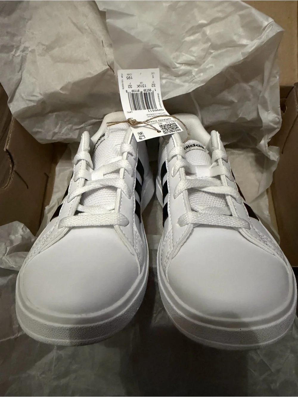 Adidas Grand Court 2.0 K White Sneakers with Black Three-Stripes